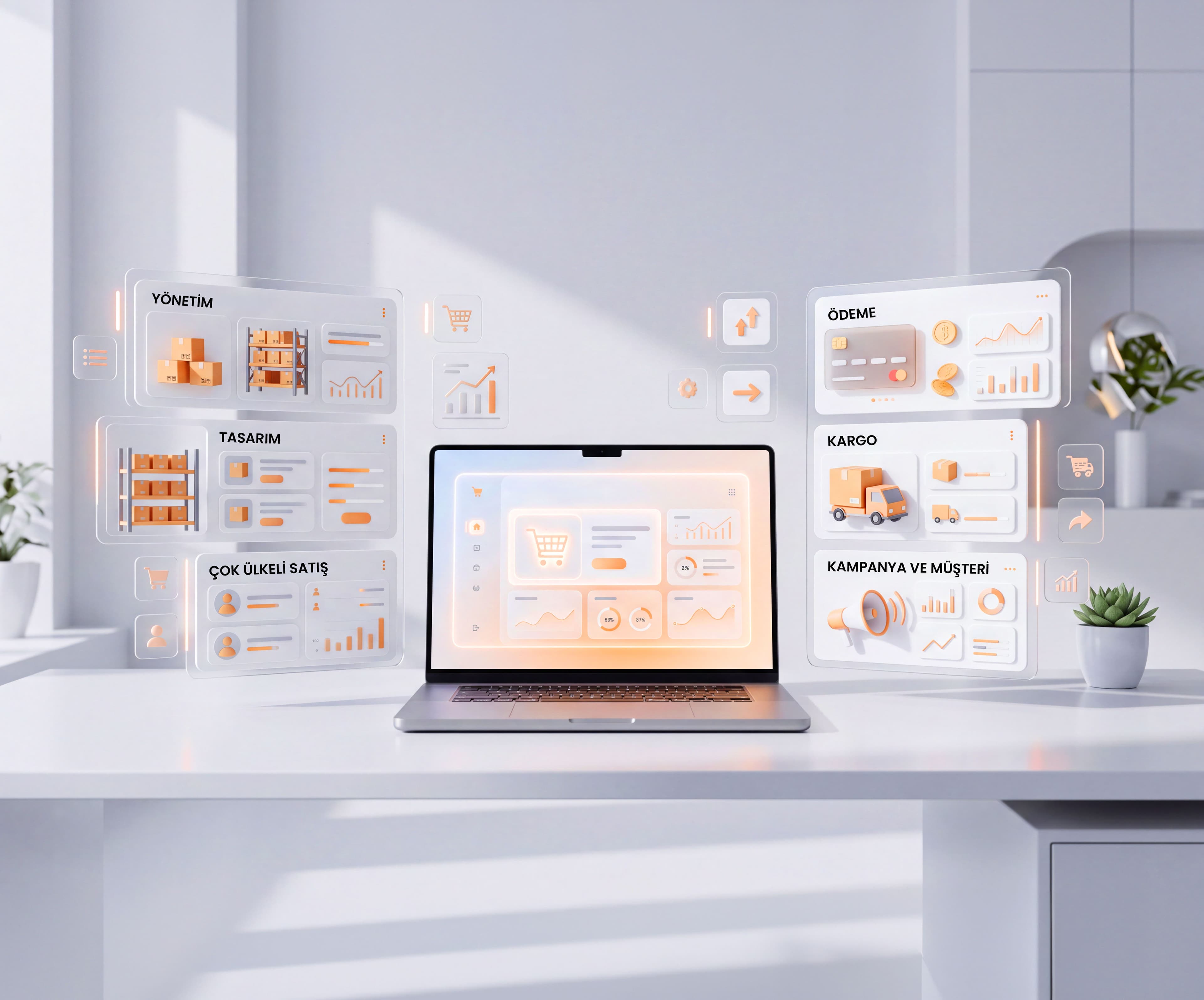 An open laptop on a white desk surrounded by floating module cards: management, design, multi-country selling, payments, shipping, campaigns and customers